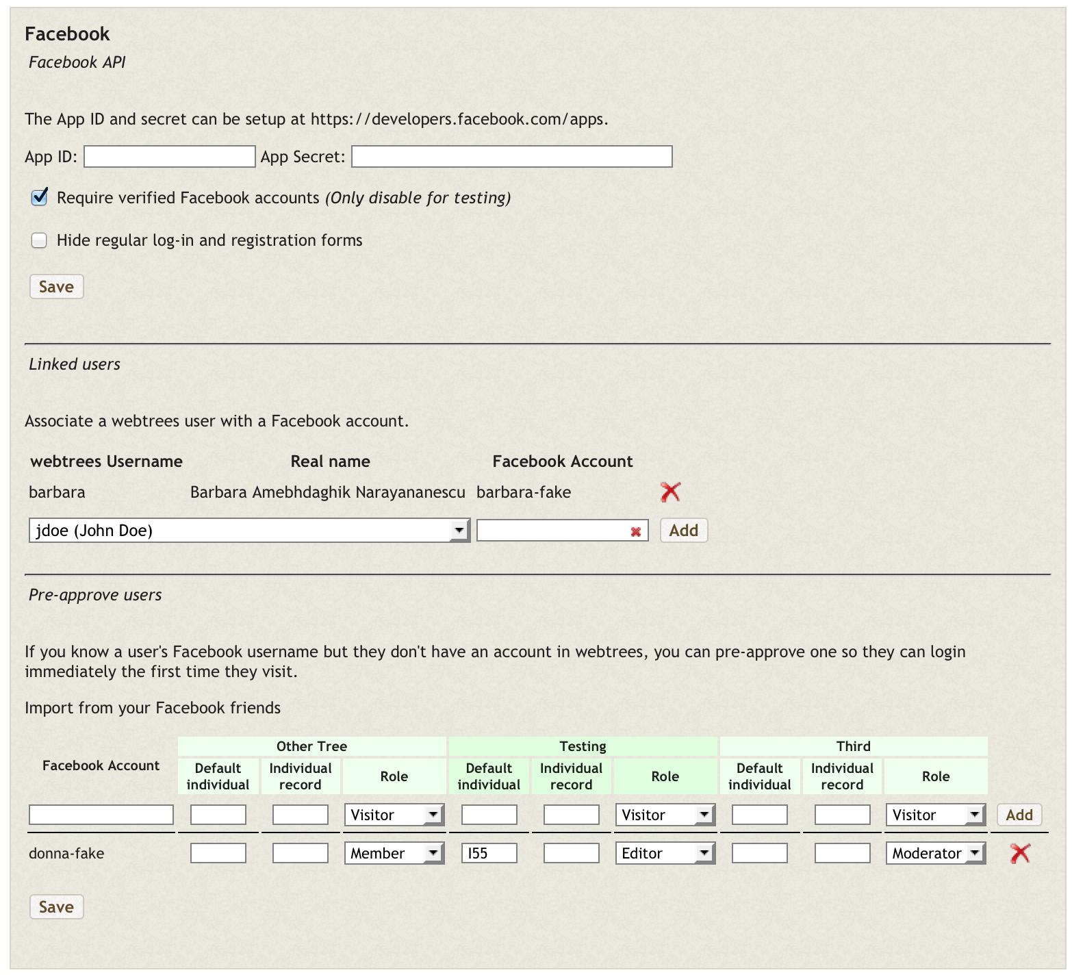 Screenshot of the configuration page